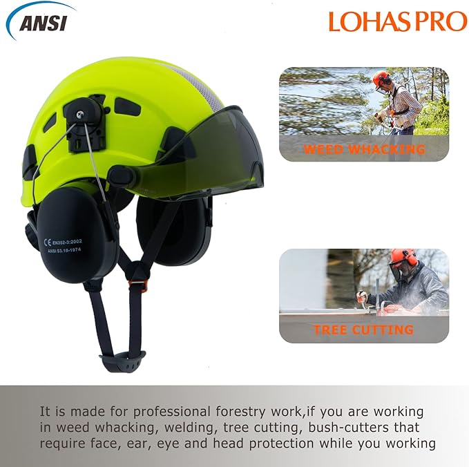 LOHASPRO Arborist Forestry Helmet Safety Hard Hat with Visor and Ear Muffs for Tree Service Logging Cutting Wood Chainsaw Helmet Garden Work Trimming Mowing(P91 Lime+Smoked Visor+Earmuff)-StrideForce Fitness