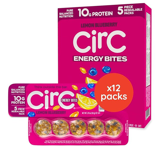 CirC Energy Bites - 12 Pack Lemon Blueberry Gluten Free Protein Balls - 10g Protein, Whole Grains, Nuts & Fruit - Portable Healthy Snacks for Adults & Kids, 5 Piece Resealable Packs-StrideForce Fitness