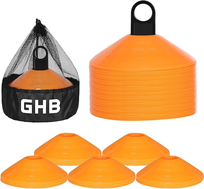 GHB Soccer Cones 25/50/100 Pack Disc Soccer Sport Cones Training Field Marker Agility Cones for Traffic, Basketball, Coaching, Practice Equipment Includes Cone Drills Guide-StrideForce Fitness