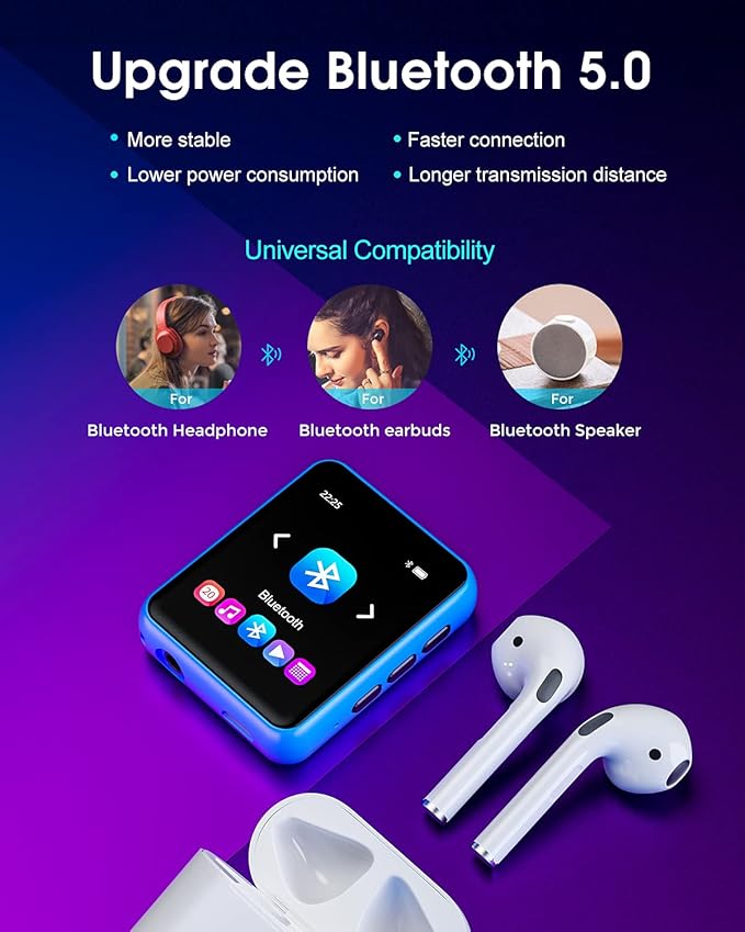 MP3 Player with Bluetooth 5.0 Portable HiFi Lossless Sound MP3 Music Player and FM Radio Recorder E-Book 2.4 inch Screen Maximum Support 128GB（Blue）-StrideForce Fitness