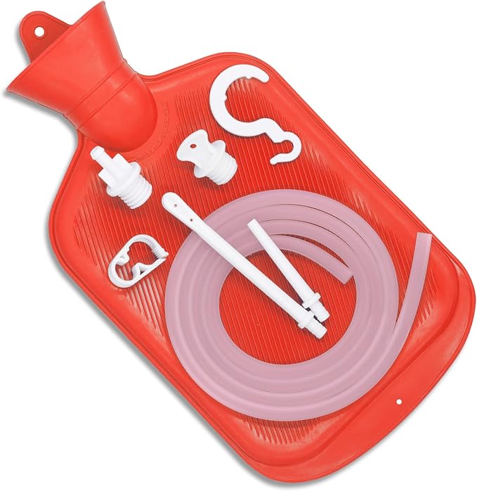 Enema Bag Kit with 5ft Hose Coffee Enemas at Home Water Shower Douche Colon Detox Cleanse Kit with Tubing, Tips, Clamp and Hook (RED, 2 L)-StrideForce Fitness