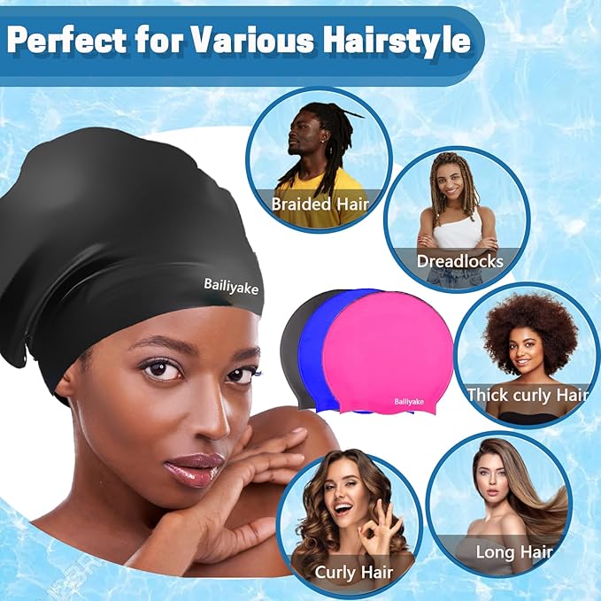3 Pack Extra Large Swim Cap for Braids & Dreadlocks - Waterproof Silicone Swim Hat for Women with Long Thick Hair, Protective Swim Cap Cover Ears for Swimming, Shower, Bathing-StrideForce Fitness