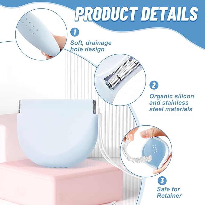 Silicone Retainer Denture Storage Case Holder, Portable Slim Dental Container Cleaning Box with Drain Holes and Leakproof for Aligners, Mouth Guards, Night Guards, Removable Dental Appliances (Blue)