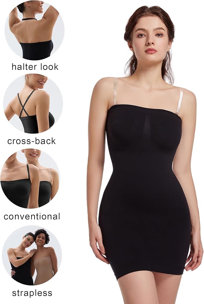 SHAPERX Strapless Shapewear Dress for Women Tummy Control Seamless Full Body Shaper Slip with Removable Straps-StrideForce Fitness