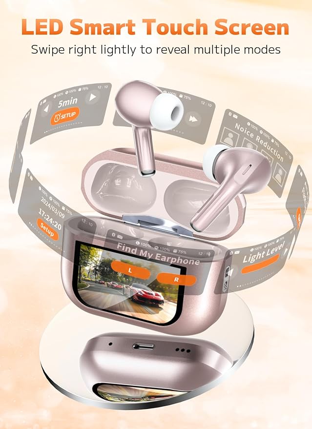 Wireless Earbuds, Bluetooth 5.4 Ear Buds with Multifunctional Touch Screen, ANC/ENC Noise Cancelling Headphones with 48H Playtime, Bass Stereo Sound, for Laptop, Android/iOS, Pad, Rose Gold-StrideForce Fitness