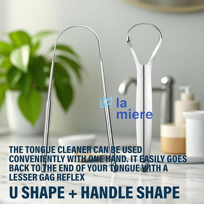 LA MIERE Tongue Scraper (2 Pack), 100% Stainless Steel, Easy to Use Tongue Scraper for Adults, Tongue Cleaner