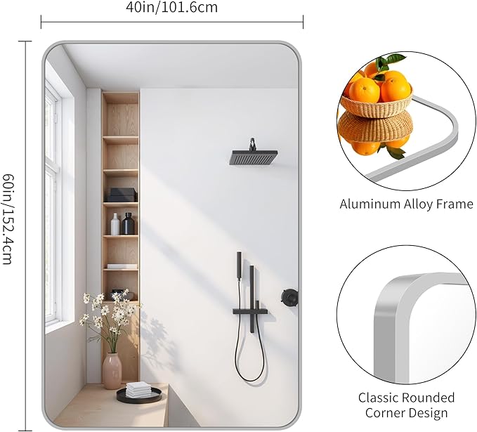 FORBATH 60x40 Inch Silver Bathroom Mirror for Over Sink, Large Rectangular Wall Mirror with Metal Frame, Rounded Corners for Bathroom, Bedroom, Entryway Decor (Horizontal or Vertical)-StrideForce Fitness