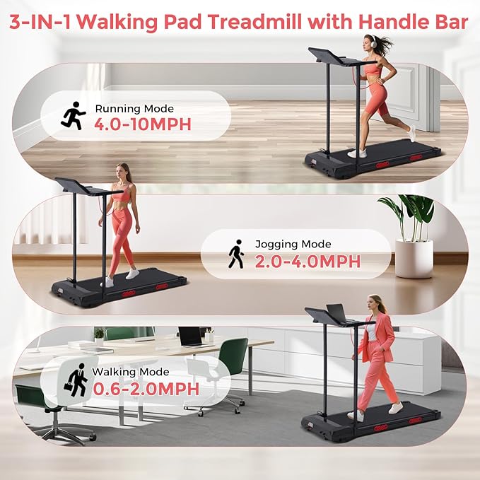 Walking Pad Treadmill with Handle Bar, 3.5HP Compact Electric Walking Pads Treadmills with Handles for Home Apartment Small, 0.6-10MPH Portable Foldable Folding Small Treadmill Home, 400LBS Capacity-StrideForce Fitness