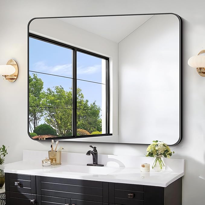FORBATH Black Bathroom Mirror 40 x 48 Inch, Rectangular Vanity Mirror Wall Rounded Corner Metal Framed Bathroom Mirror for Living Room Bedroom Entryway Decor (Horizontal/Vertical)-StrideForce Fitness