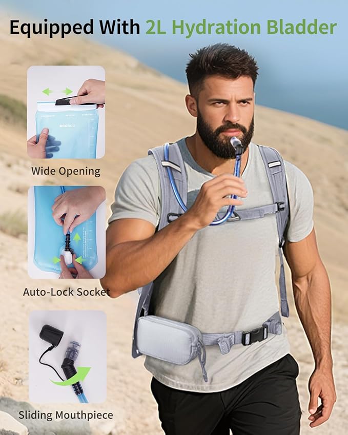 ECOHUB Hydration Backpack for Men Women, 20L Lightweight Hiking Daypack Cycling Backpack with 2L Water Bladder, Insulated Hydration Pack with Waist Pack-StrideForce Fitness