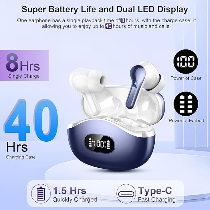 Wireless Earbuds, Bluetooth Headphones 5.3 HiFi Stereo Ear buds with ENC Noise Cancelling Mic, 40H Bluetooth Earbuds with Dual LED Display Charging Case, IP7 Waterproof Earphones for Android iOS, Blue-StrideForce Fitness