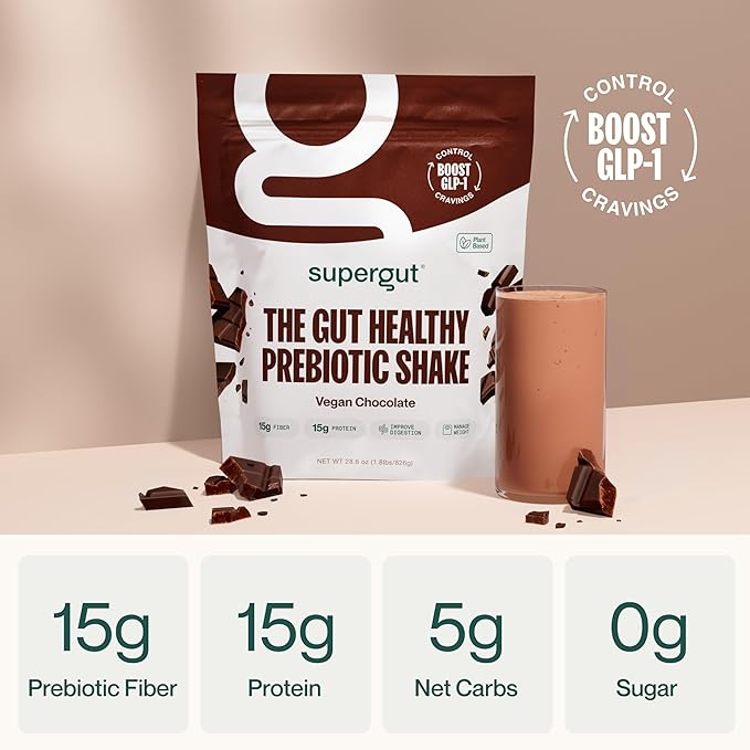 Supergut Prebiotic Shakes | Meal Replacement | Boost GLP-1 | High Protein and Fiber | No Added Sugar | Keto Food, Meal, Snack (Vegan Chocolate, 14 servings)-StrideForce Fitness
