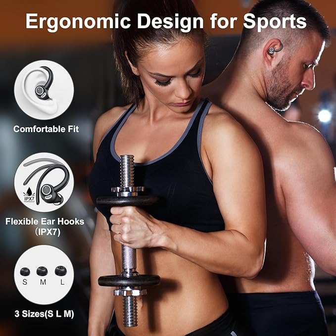 Wireless Earbuds Bluetooth 5.3 Headphones Sports, 48Hrs Playtime Bluetooth Earbuds with CVC 8.0 Mic, Stereo Bass Over Ear Bud with Earhooks, LED Display, IP7 Waterproof Earphon for Workout/Running-StrideForce Fitness
