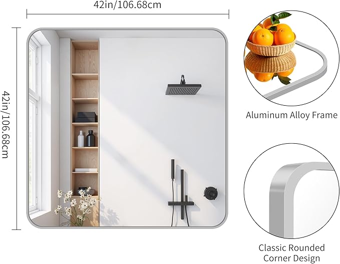 FORBATH 42x42 Inch Silver Bathroom Mirror for Over Sink, Large Square Wall Mirror with Metal Frame, Rounded Corners for Bathroom, Bedroom, Entryway Decor (Horizontal or Vertical)-StrideForce Fitness