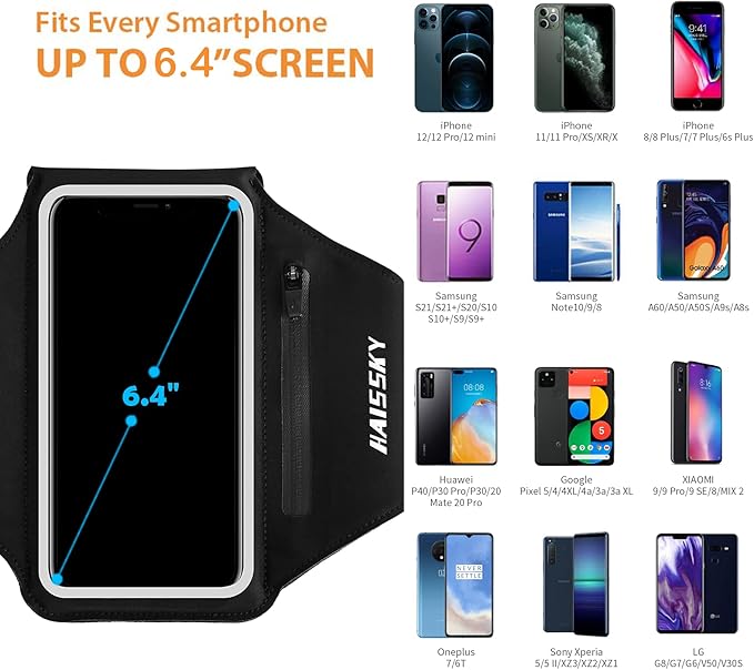 Running Armband with Earphone Bag Cell Phone Armband for iPhone 16/15/14/13/12 Pro, Galaxy S21/S20, Water Resistant Sports Phone Holder & Zipper Slot Car Key Holder for 6.4 inch Phone-StrideForce Fitness