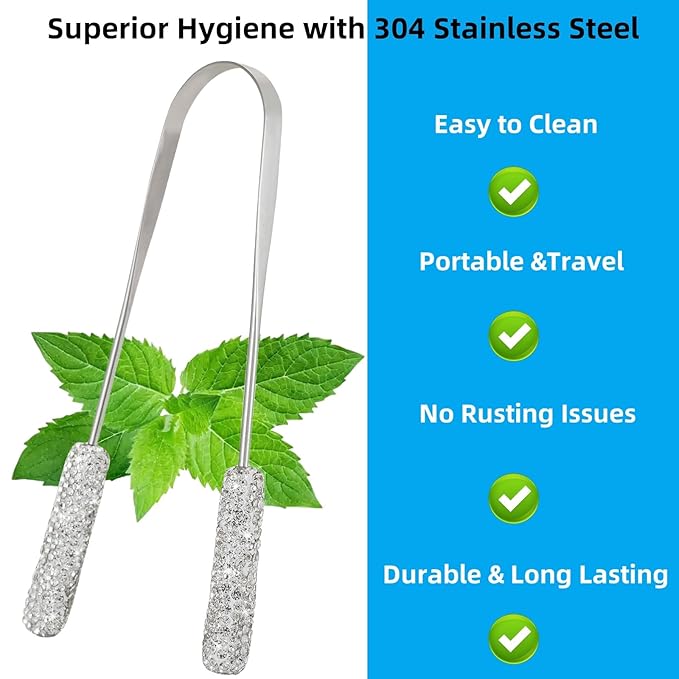 Tongue Scraper Bling Metal Tongue Cleaner for Adults & Kids Diamond Stainless Steel Tongue Scrubber for Oral Care & Hygiene(Pink)