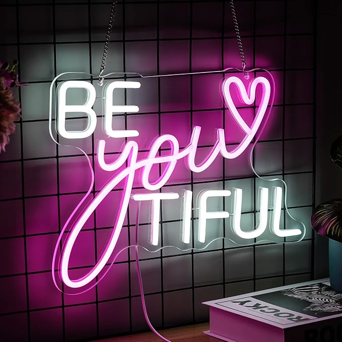 Be Your Tiful Neon Sign Dimmable Letter Neon Signs White Pink Wall Decorative Lights Powered USB with Switch for Bedroom Kid Room Shop Apartment Birthday Party Wedding （15.7’’X11.8’’）-StrideForce Fitness