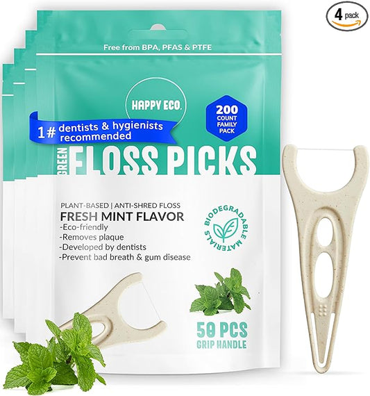Biodegradable Floss Picks (200pcs) - Natural Dental Floss - Nontoxic Plant Based Floss Sticks for Adults & Kids - Vegan Tooth Pick Flossers - Single Thread Mint