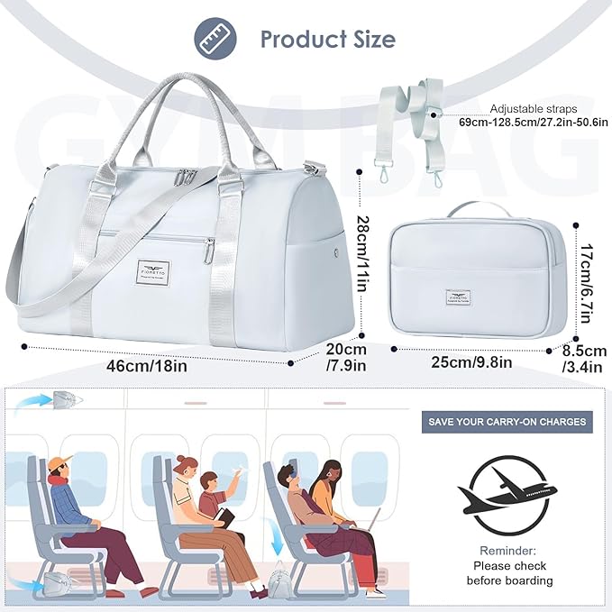 FIORETTO Womens Gym Tote Duffle Bag with Toiletry Bag, Sports Duffel Overnight Hospital Workout Carry on Bag for Girls with Wet Pocket & Shoe Compartment, Ideal for Travel, Swimming, Dance Grey-StrideForce Fitness