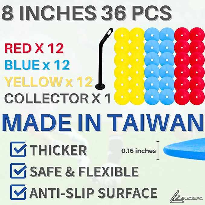 LEZER 6 Inch 8 Inch Flat Cones, Spot Markers, Soccer Cones, Field Court Markers, Sit Spots, Flat Discs, Soccer Training Equipment, Agility Practice, Football, Made in Taiwan-StrideForce Fitness