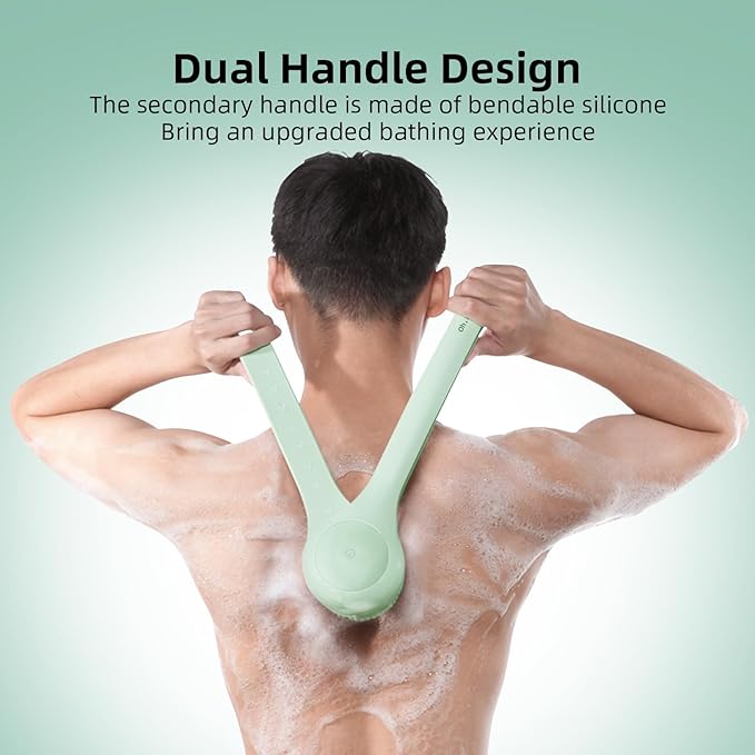 Electric Body Brush Back Scrubber for Shower, Waterproof Long Dual Handle Power Body Scrubber with 3 Heads, Rechargeable Bath Brush & 2 Speeds, for Cleansing, Exfoliating and Massaging Skin-StrideForce Fitness