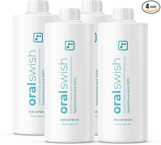 BRIOTECH Oral Swish, Hypochlorous Acid Mouthwash Rinse, Gentle Oral Care Hygiene, Fight Bad Breath, Support Against Plaque, Gum Irritation & Tender Gums, Alcohol & Fluoride Free, 32 fl oz (4 Pack)