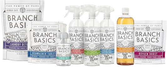 Branch Basics Ultimate Starter Kit: Natural All Purpose Cleaner, Glass, Bathroom, Foaming Hand Wash (4 Plastic Bottles + Concentrate + Oxygen Boost), Laundry Detergent, Plastic-Free Dishwasher Tablets