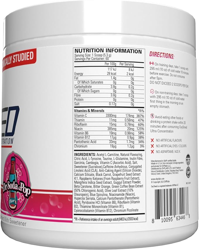 EHP Labs OxyShred Thermogenic Fat Burner - Pre-Workout Powder with L-Glutamine, Acetyl L-Carnitine, Metabolism Booster, Weight Loss, Appetite Control, Energy Drink, Dr. Soda Pop, 60 Servings-StrideForce Fitness