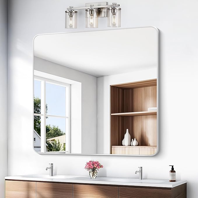 Silver Bathroom Mirror,48x48 inch Wall Mirror for Bathroom Wall Mounted,Rectangle Mirror for Bathroom Over Sink,Modern Frame Round Corner for Living Room,Bedroom Entryway,Horizontal/Vertical-StrideForce Fitness