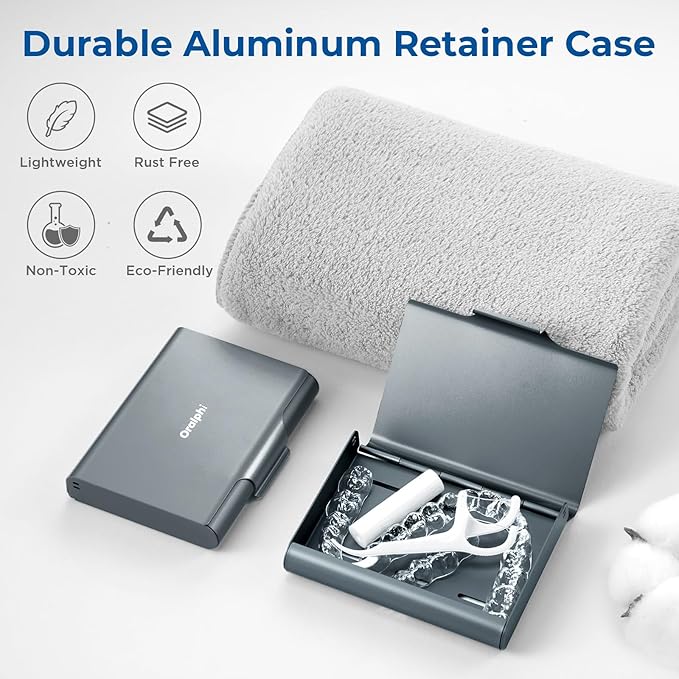 Aluminum Retainer Case for Invisalign Aligners, Partial Mouth Guard Case Denture Retainer Container Case Holder with Vent Holes, Slim Orthodontic Aligner Case for Traveling-1 Pack Gray Blue