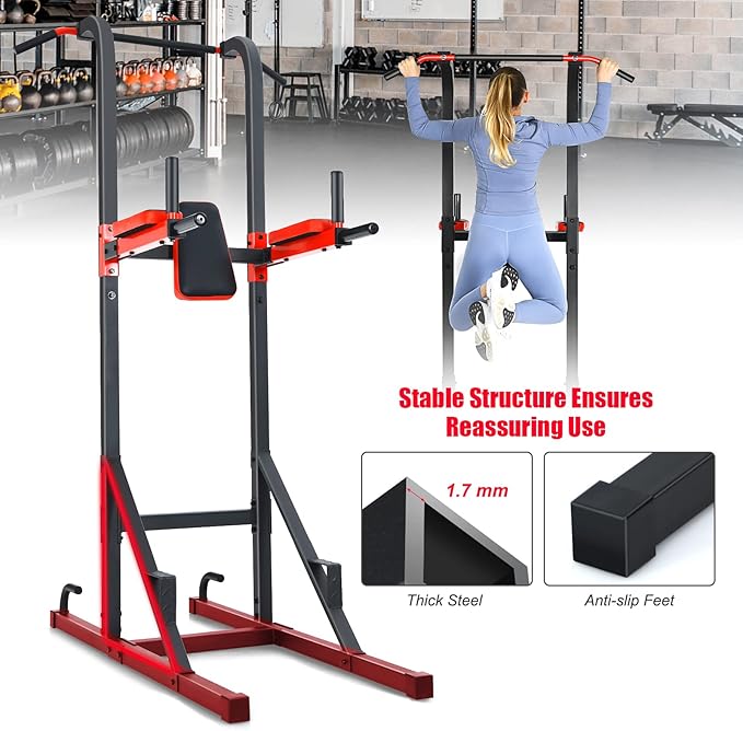 GYMAX Multi-function Power Tower, Heavy-duty Pull Up Bar Stand for Pull-ups, Push-ups, Vertical Knee, Leg Raises, Dip Stand, Strength Training, Workout Dip Station for Home, Gym, Fitness Equipment-StrideForce Fitness