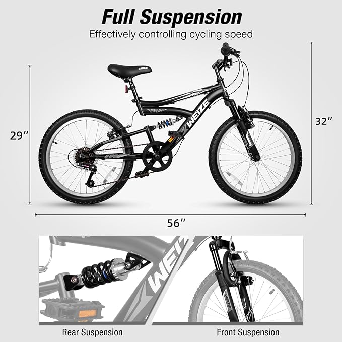 WEIZE Kids Mountain Bike, 20 inch Kids' Bicycles for 6-11 Years Old Boys Girls with Dual Full Suspension, 6 Speeds Drivetrain, High-Carbon Steel Frame, Ideal for Young Riders and Adventurers-StrideForce Fitness
