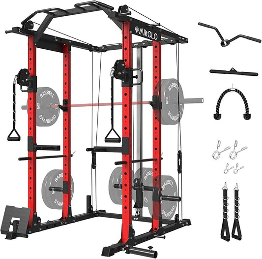 Mikolo Power Cage, Power Rack with Cable Crossover System, 1500LBS Squat Rack with LAT Pull Down System, Workout Cage with Pulley System for Fitness Home Gym-StrideForce Fitness