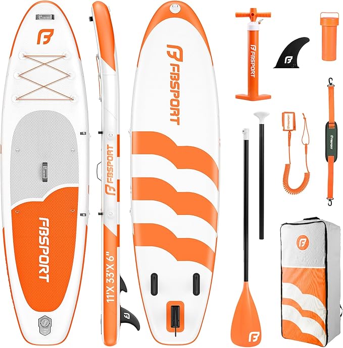 FBSPORT 11FT Premium Inflatable Stand Up Paddle Board with Electric Pump, Yoga Board with SUP Accessories & Carry Bag | Wide Stance, Surf Control, Non-Slip Deck, Leash and Paddle for Youth & Adult-StrideForce Fitness