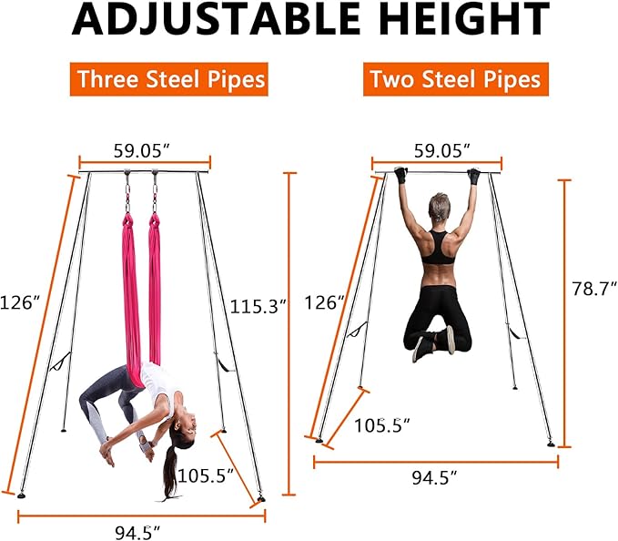 TECSPEC 9.6 FT/115.3 Inch Adjustable Height Aerial Yoga Frame & Hammock, Professional Swing Stand with 18 FT/33FT Aerial Silk, 550lbs Max Capacity-StrideForce Fitness