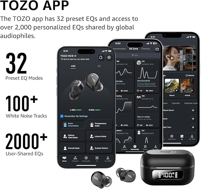 TOZO NC9 Hybrid Active Noise Cancelling Wireless Earbuds, 6 Mics ENC Clear Call, IPX8 Waterproof, in Ear Bluetooth 5.3 Headphones Stereo Bass Ear Buds 59H Playtime with LED Display 32 EQs via APP-StrideForce Fitness