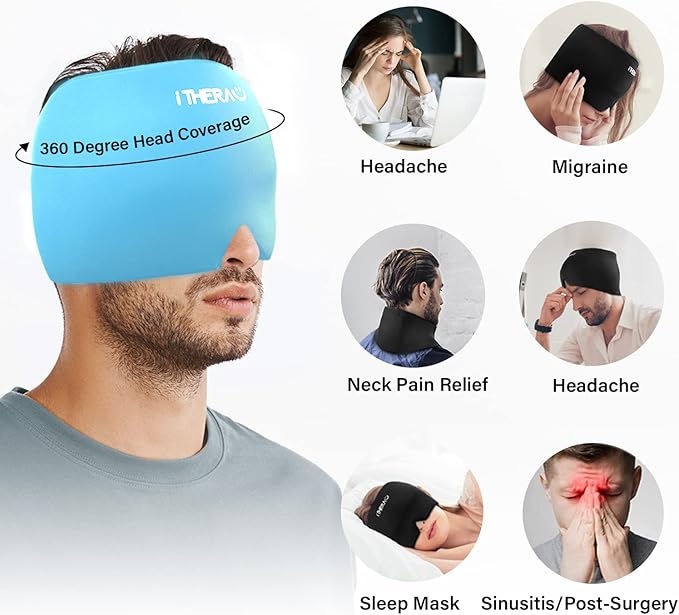iTHERAU Migraine Relief Cap, Soothing Headache Hat, Gel Ice Pack Head Wrap with Hot and Cold Therapy, Headache Relief Cap for Sinus, Puffy Eyes, Tension and Stress Relief Blue-StrideForce Fitness