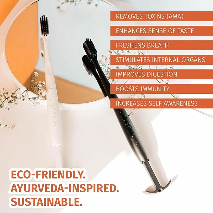 TOKII Tongue Scraper Cleaner Charcoal Bristles Toothbrush for Bad Breath with Waterproof Pouch for Travel, Hygienic Stand and Enviromentally Friendly (One Black & One White)