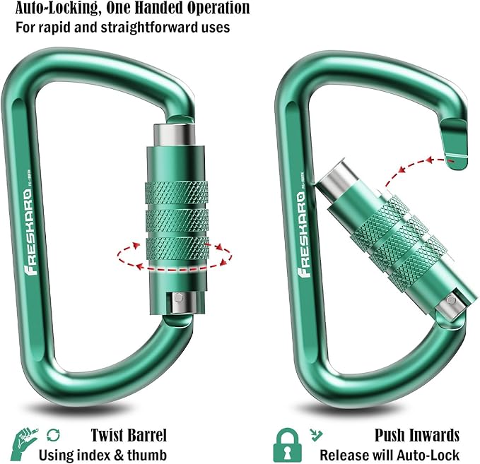 FresKaro 3inch 12kN-2698lbs Auto Locking Carabiner Clips, Solid D Shape, Heavy Duty 7075 Aluminum, Lightweight 1.09oz, Rust Proof, for Hammock, Hiking, Dog Leash, Keychain etc., Multi-Colors-StrideForce Fitness