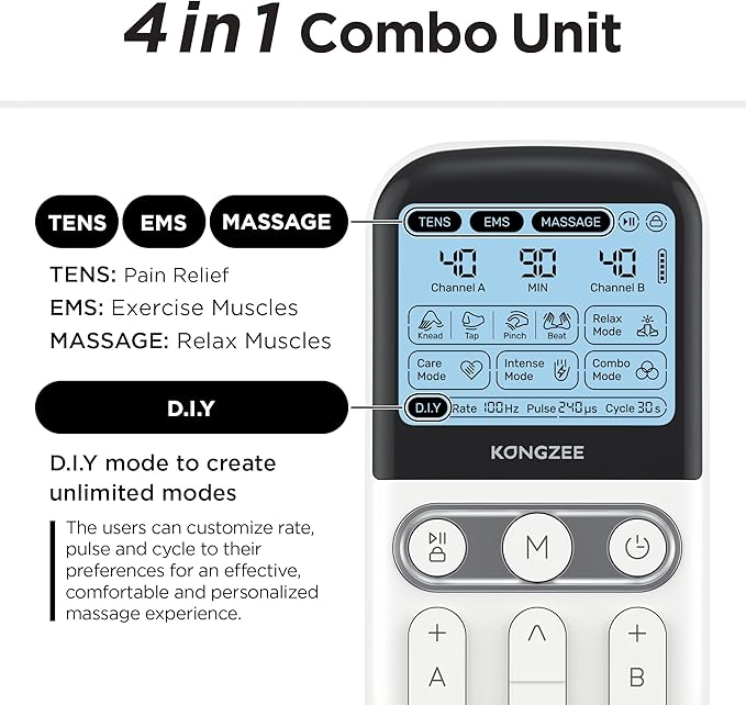 4 in 1 - D.I.Y & Tens Unit & EMS & Massage Muscle Stimulator, Dual Channel TENS Units Therapy Machine for Pain Relief, FDA Cleared Rechargeable Electronic Pulse Massager, with 12pcs Electrode Pads.-StrideForce Fitness