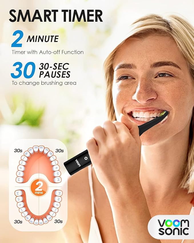 Voom Sonic Pro 7 Rechargeable Electronic Toothbrush + Pro 7 Series Replacement Brush Heads - 2-Minute Timer with Quadrant Pacing & 5 Adjustable Speeds,Soft Dupont Nylon Bristles Oral Care - Black