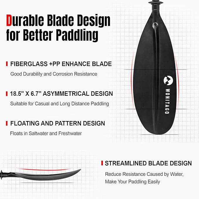 Kayak Paddles with Fiberglass Shaft and Reinforced PP Blade, Floating Adjustable Kayaking Oars, 3 Piece, 220-240 cm/86-94 Inches, 240-260 cm/94-102 Inches-StrideForce Fitness