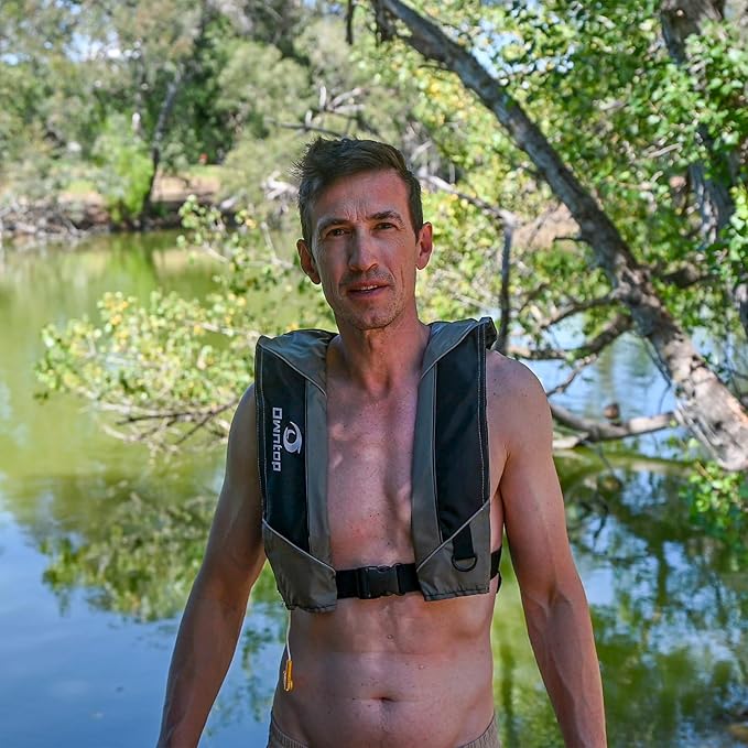 Owntop Manual Inflatable Swim Jacket, Neoprene Padded Neckline, 33g C02 Cylinder Included, Multiple Reflective Strips, Compact Design for Kayak, Fishing, Paddle Sports-StrideForce Fitness