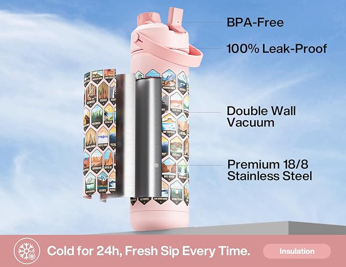 26 oz National Parks Water Bottle with Waterproof Stickers: 2-in-1 Straw Spout Lid, Keep Cold 24H, Leakproof, Car CupHolder Friendly, Insulated Stainless Steel Cup for Travel, Sports, School (Pink)-StrideForce Fitness