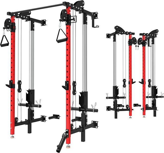 Folding Power Rack, Wall Mounted Squat Rack with Dual Independent Pulley System, Multi-Function Power Cage with 5 Adjustable Function Modes, Power Rack Trainer for Space Saving Home Gym-StrideForce Fitness