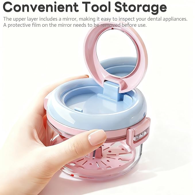 Retainer Case and Mouth Guard Case - Portable Orthodontic Storage Container with Filter and Tools, Denture Cleaning Box, No Leaks Denture Bath Box (Powder Blue)