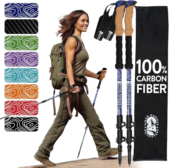 100% Carbon Fiber Trekking Poles by USA Brand - Ultra Strong Lightweight Collapsible Hiking Poles with Cork and EVA Foam Grips & Quick Adjustable Flip Locks-StrideForce Fitness