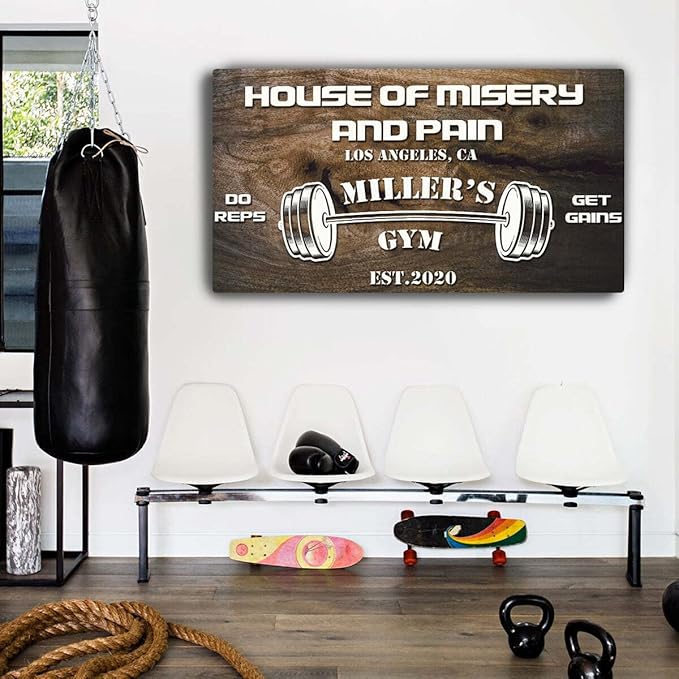 Tailored Canvases Personalized Gym Sign Wall Art Decor - Motivational Canvas for Home Gym, Workout Room, Garage, Fitness Center - Workout Inspirational Posters - House of Misery and Pain, Wooden 60x30in-StrideForce Fitness