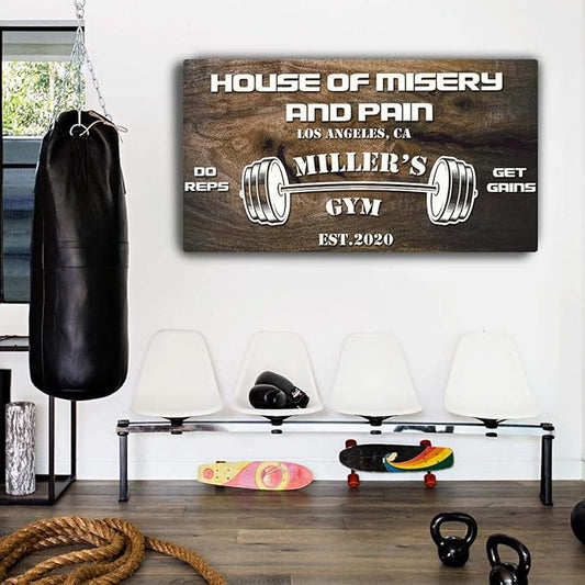 Tailored Canvases Personalized Gym Sign Wall Art Decor - Motivational Canvas for Home Gym, Workout Room, Garage, Fitness Center - Workout Inspirational Posters - House of Misery and Pain, Wooden 20x10in-StrideForce Fitness