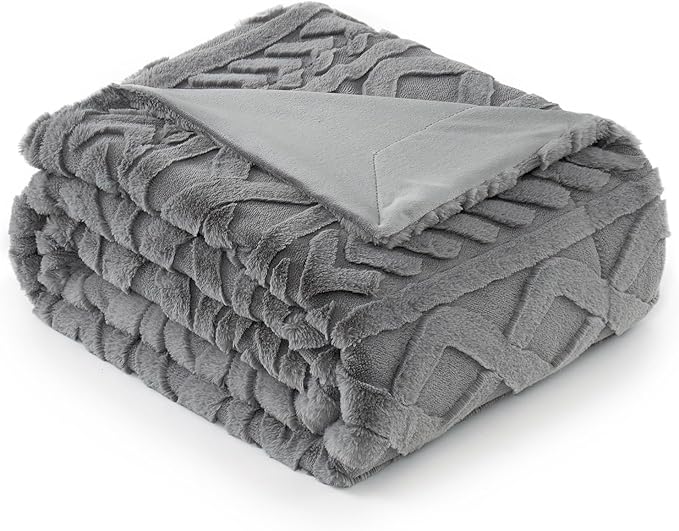 Cozy Bliss Faux Fur Throw Blanket for Couch, Jacquard Fuzzy Plush Soft Thick Winter Throw Blanket for Sofa Bed Living Room Bedroom，50"x60" Grey-StrideForce Fitness